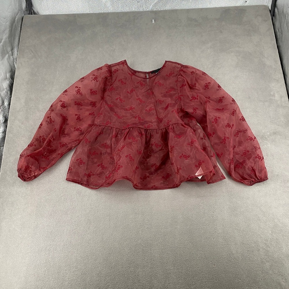 Forever 21 Burgundy Red Sheer Floral Flocked Organza Peplum Top Blouse Medium